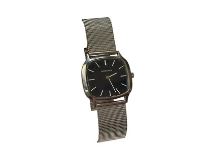 Lot 96 - 1970s Longines stainless steel manual wind wristwatch with square navy blue dial and baton markers in a stainless steel case, 30mm wide, on a later mesh strap