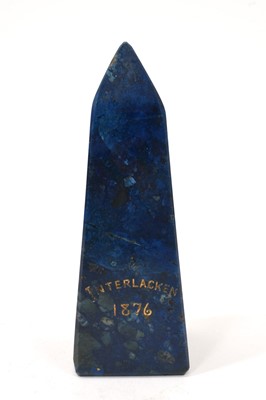 Lot 770 - 19th century grand tour lapis lazuli obelisk, engraved and gilt ‘Interlacken 1876’