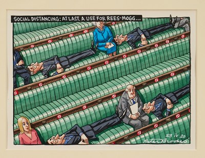 Lot 1306 - Peter Brookes (b. 1943) ‘Social Distancing: At Last A Use For Rees-Mogg...’, original pen, ink and watercolour illustration, framed
