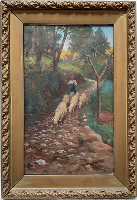 Lot 162 - Italian School, early 20th century, oil on canvas Sheep and sherpherdess in a lane, faintly signed lower left, 45cm x 27cm, gilt frame