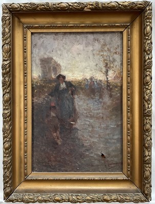 Lot 39 - Italian School, early 20th century oil on canvas, figures before an arch, indistinctly signed, 43cm x 28cm, gilt frame