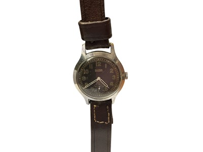 Lot 102 - 1940s Silvana automatic stainless steel military wristwatch with black enamel dial, Arabic numerals and subsidiary seconds in a circular stainless steel case, 35mm diameter, on later leather stra...