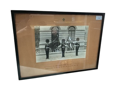Lot 775 - Black and white gelatine print photograph, 1st Battalion Irish Guards presentation of colours by H.M. The King May 28th 1927
