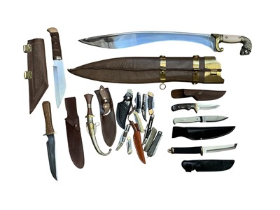 Lot 946 - Group of assorted swords and knives to include reenactment style sword with Toledo blade, (1 box).
