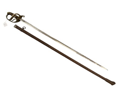 Lot 917 - Late 19th century French Infantry Officer's sword with three bar nickel plated guard and horn grip, straight nickel plated fullered blade in steel scabbard.