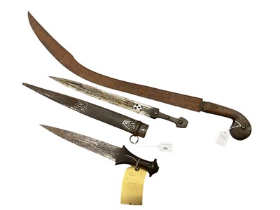 Lot 951 - 19th century Balkan Kinjal sword with triple fullered blade in steel mounted leather scabbard, Turkish knife and a Mamaluke sword with T back scimitar blade ( cross guard lacking) (3)