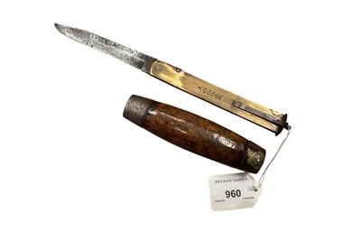 Lot 960 - Late 19th century Swedish barrel knife with curly birch wood grip and steel end caps, removable hinged blade signed JOH. ENGSTROM, brass case stamped JOH. ENGSTROM ESKILSTUNA SWEDEN on side and...