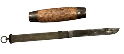 Lot 961 - Late 19th century Swedish barrel knife. with curly birch wood grip and steel end caps, removable hinged blade unsigned but stamped 01, brass case unmarked and fitted with a suspension ring. Bar...