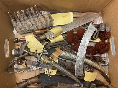 Lot 952 - Collection of old ethnic weapons, mostly Indian and Balkan, old Indian shield and Chinese gong