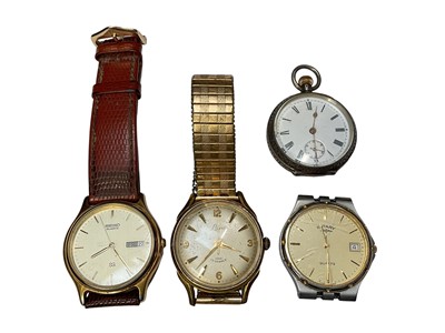 Lot 153 - Silver cased fob watch, vintage Lanco gold-plated wristwatch, Seiko quartz on leather strap and a Rotary quartz (4)
