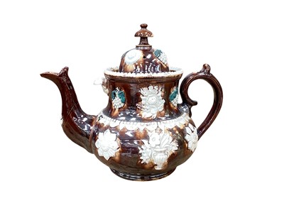 Lot 2339 - Large Victorian Barge Ware teapot decorated with flowers and fruit, 30cm high