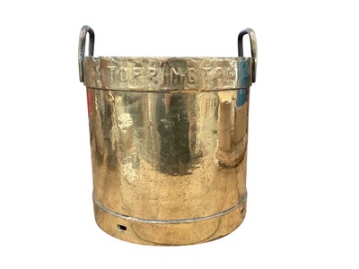 Lot 3032 - Large Victorian brass milk pail inscribed Torrington Vale Dairy, 39.5cm high