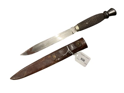 Lot 956 - Victorian hunting knife with thistle-shaped carved wood grip, clipped Bowie-type blade by James Dixon & Sons , Sheffield in leather sheath 30cm overall