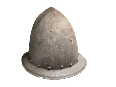 Lot 795 - Antique Cabasset military helmet of iron construction, probably 16th-17 th century with engraved fleur di lis decoration, some old repairs
