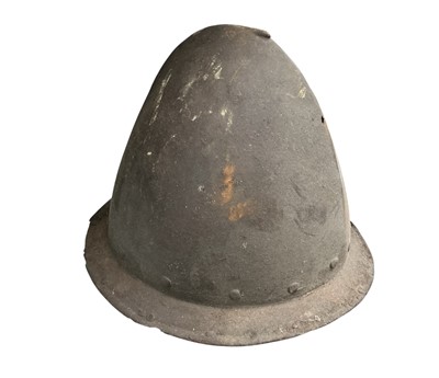 Lot 796 - Antique Cabasset military helmet of iron construction, probably 16th-17th century with engraved decoration, some old repairs