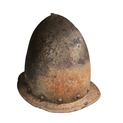 Lot 797 - Antique Cabasset military helmet of iron construction, probably 16th-17th century, some old repairs