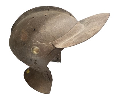 Lot 798 - Antique iron helm, possibly a funerary achievement with articulated lobster tail neck guard and various holes probably for a wooden crest now sadly lacking