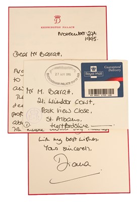 Lot 34 - H.R.H. Diana, Princess of Wales, an important handwritten two page letter to Mr Michael Barratt relating to her famous Panorama interview and written one week afterwards on 27th November 1995 .