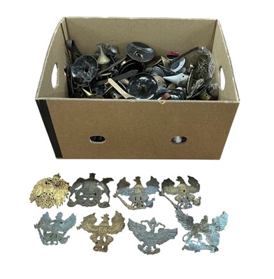 Lot 808 - Large collection of replica Imperial German Pickelhaube fittings to include badges, spikes and chin straps (1 box).