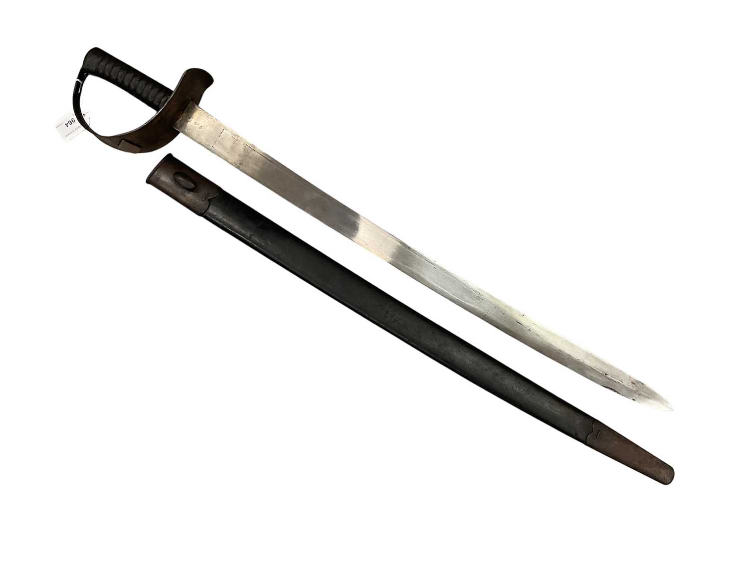Lot 964 - Victorian regulation Naval cutlass with iron bowl guard and ribbed grip, broad blade, Ordnance stamped for 1887/93 in its steel mounted leather scabbard 83.5cm overall