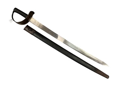 Lot 964 - Victorian regulation Naval cutlass with iron bowl guard and ribbed grip, broad blade, Ordnance stamped for 1887/93 in its steel mounted leather scabbard 83.5cm overall