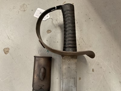 Lot 964 - Victorian regulation Naval cutlass with iron bowl guard and ribbed grip, broad blade, Ordnance stamped for 1887/93 in its steel mounted leather scabbard 83.5cm overall