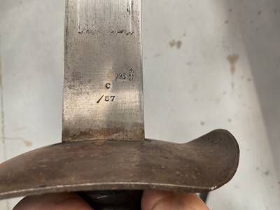 Lot 964 - Victorian regulation Naval cutlass with iron bowl guard and ribbed grip, broad blade, Ordnance stamped for 1887/93 in its steel mounted leather scabbard 83.5cm overall