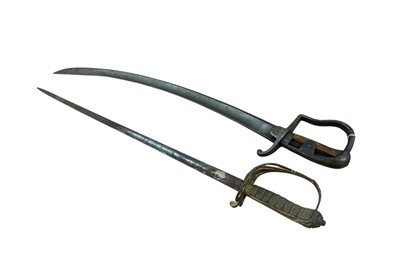 Lot 967 - George V Medical Officer's sword (no scabbard) and German Cavalry sabre with stirrup hilt (no scabbard) (2)