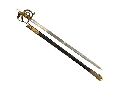 Lot 966 - Reproduction Continental Officer's sword with brass hilt in brass bound leather scabbard