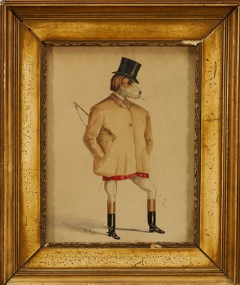 Lot 900 - George Veal, late 19th century, humorous watercolour of an anthropomorphic hound dressed in hunting clothes, signed, 21cm x 16cm, in glazed gilt frame