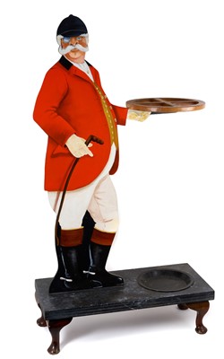 Lot 915 - Novelty painted wooden stick stand in the form of a moustached and monocled gentleman in hunting attire, 123cm high