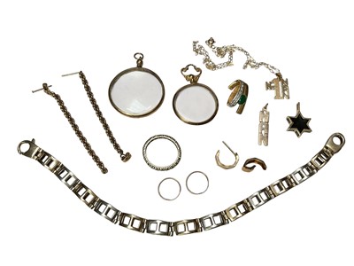 Lot 212 - 18ct gold emerald and diamond pendant, 9ct yellow and white gold link bracelet, two 9ct gold mounted glazed lockets, 9ct gold pendant on chain and a group of yellow metal earrings, pendants and...