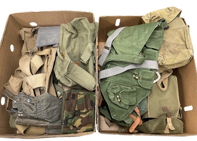 Lot 823 - Two boxes containing a quantity of canvas webbing items to include pouches, water bottles and gas mask cases, (2 boxes).