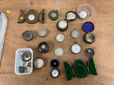 Lot 3046 - Group of antique pocket barometers and compasses, mostly for parts, including leather cases