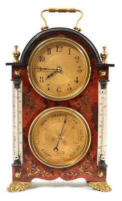 Lot 651 - 19th century French Boulle cased mantel timepiece, barometer and thermometer, the canted corners inset with thermometers, the front inlaid with scroll work and on scroll feet, 26cm high excludin...