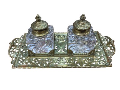 Lot 3052 - Victorian brass double inkstand, 34cm wide