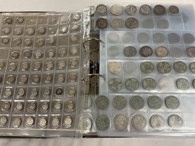 Lot 599 - G.B. - A coin album containing a quantity of silver coinage to include scarcer dates viz, silver Three Pences 1943, 1944, Florin 1932, Half Crown 1930, Brass Three Pences 1946, 1949, Victoria...