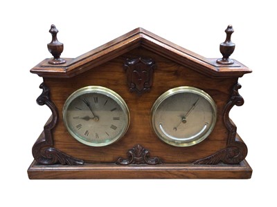Lot 3053 - Late 19th century walnut cased combination mantel clock and barometer by Negretti and Zambra with carved scroll work decoration