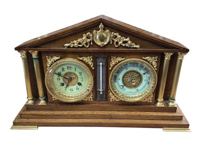 Lot 3054 - 19th century French oak cased combination mantel clock, barometer and thermometer, of temple form with ormolu columns and decoration, 25.5cm tall x 42cm