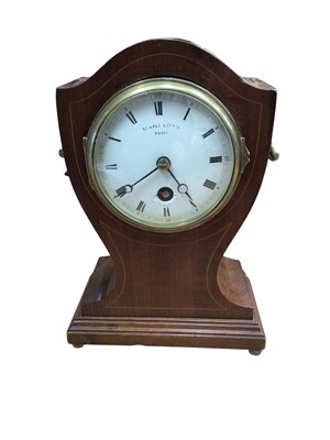 Lot 3055 - Antique French mahogany line inlaid mantel clock, circa 1890, of balloon form with brass handles, the enamel dial inscribed Maple & Co Ltd Paris, 22cm tall