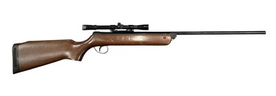 Lot 1014 - Vintage BSA Meteor .22 calibre break action air rifle, stamped 'TH94485' together with an A.S.I. 4 x 20 scope, in a sheep skin lined fabric gun slip case.