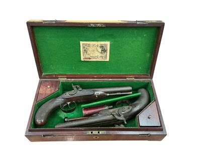 Lot 990 - Pair good quality cased Georgian Percussion (converted from flintlock) double barrelled Officer's / Howdah pistols by W. Parker, London with 20 bore browned twist barrels, engraved blued steel mo...