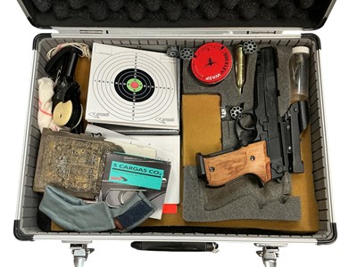 Lot 1017 - Contemporary Walther CP 88 Competition .177 calibre air pistol, together with paper targets and various accessories in a foam lined transit case.