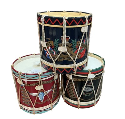 Lot 827 - Group of three mid 20th century novelty military drum-shaped ice buckets for Royal Tank Regiment, Parachute Regiment and Royal Artillery, each 17cm in overall height, (3).