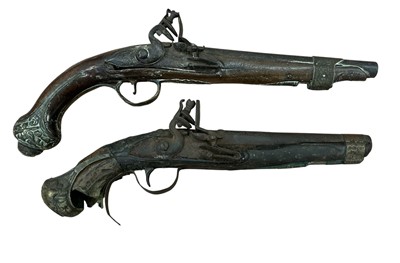Lot 995 - Two 19th century Turkish Flintlock pistols with ornate brass mounts