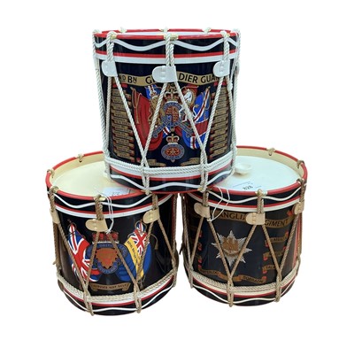 Lot 828 - Group of three mid 20th century novelty military drum-shaped ice buckets for Royal Anglian Regiment, Royal British Legion and Grenadier Guard, each 17cm in overall height, (3).