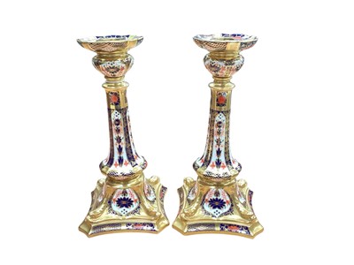 Lot 2348 - Pair of Royal Crown Derby Old Imari 1128 candlesticks, 27.5cm high