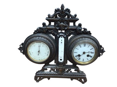 Lot 3060 - 19th century cast iron free standing combination clock and barometer with scrolled and foliate decoration with thermometer