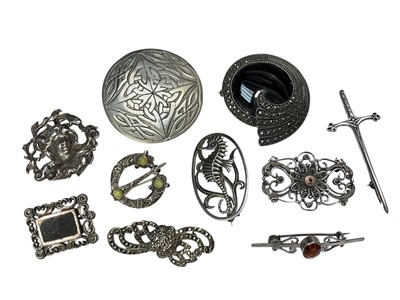 Lot 280 - George Tarratt silver seahorse brooch designed by Geoffrey Guy Bellamy, No. 34, together with other silver brooches and a Scottish pewter brooch