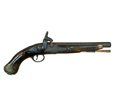 Lot 1001 - 19th century British military percussion (converted from Flintlock) pistol with crowned GR and Tower marked lock, carbine bore barrel, walnut stock with brass mounts 39cm overall